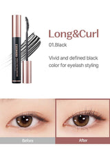 Cosmin mascara with eyelash styling tool and before/after effect on eyes.