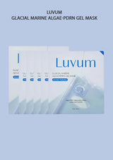 Luvum glacial marine algae-PDRN gel mask packaging on a light blue background