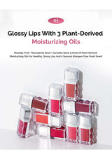 Lip gloss products with plant-derived moisturizing oils on a white background