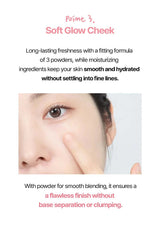 Product advertisement for a skincare or makeup product with text about soft glow cheek and moisturizing ingredients.