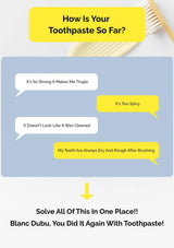 Product advertisement for Blanc Dubu toothpaste with customer feedback and a yellow arrow pointing to the brand name.