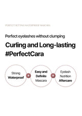 Advertisement for Perfect Setting Waterproof Mascara with text and icons on a white background