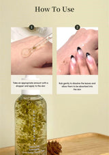 Instructions on how to use a skincare product with a bottle and dropper.