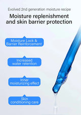 Blue dropper with text on a light blue background about moisture replenishment and skin barrier protection.