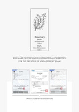 Advertisement for Aikaa memory foam with rosemary benefits and certification tests on a white background