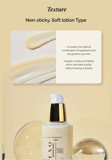 Skincare product with text about non-sticky, soft lotion type on a beige background