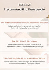 Product description card for skin care solutions with text on a beige background