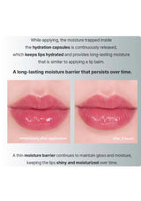 Lips shown with and without a product application, highlighting moisture barrier and gloss.