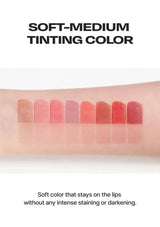 Lip color swatches with text describing a soft-medium tinting color