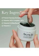 Arenicia skincare product with key ingredients listed on a light green background