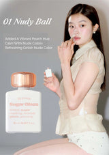 Woman holding a product with text about 'Nudy Ball' color and 'Sugar Glaze' brand.