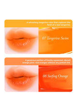 Two orange lip gloss packaging with close-up images of lips and text describing the colors.