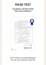 Product packaging with text about using Nuborn cell Zzirit Mask Pack and safety information.