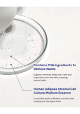 Glass container with a white substance labeled with text about PHA ingredients and human adipose stromal cell culture medium essence.