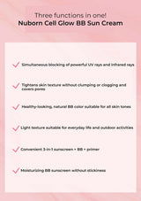 Nuborn Cell Glow BB Sun Cream advertisement with features on a pink background