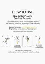 Instructions on how to use propolis soothing ampoules with illustrations and text.