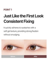 Advertisement for eyelash product showing 'Before' and 'After' effects with text about consistent fixing.