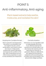 Text about anti-inflammatory and anti-aging properties of plant-based extracts with images of Houttuynia Cordata Extract and Centella Asiatica.