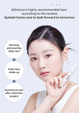 Woman holding a cosmetic product with text about eyelash home care on a light gray background