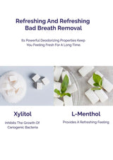 Product advertisement for bad breath removal with Xylitol and L-Menthol, featuring images of sugar cubes and mint leaves.