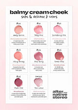 Color swatches for balmy creamcheek by alter native stereo with product names and color codes.