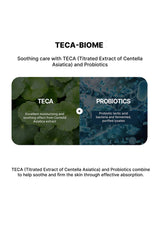 Advertisement for TECA-BIOME skincare product with TECA and Probiotics text on a white background.