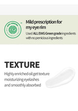 Product label with text about eye care and texture, featuring a green logo.
