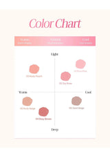 Color chart with pink shades labeled as 'Warm', 'Neutural', and 'Cool' on a light beige background.