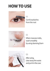 Instructions on how to use eyelashes with a mascara, including combing, washing, and disposing of waste.