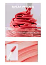 Pink lip balm with a close-up of the texture and a swatch on a white background.