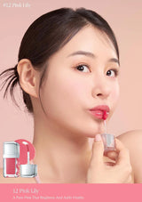 Woman applying pink lipstick with a pink background