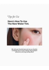 Instructions on how to use a new water tint with a close-up of a person's face.