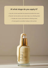 Skincare product with text on application stages against a beige background