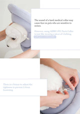 Dog wearing a medical collar with text explaining its use and features.