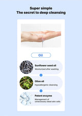 Product features with sunflower seed oil, olive oil, and patent enzyme on a light blue background.