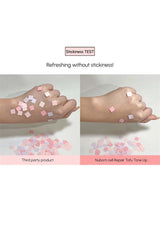 Stickiness test comparison between a third-party product and Nuborn Cell Repair Tofu Tone Up on hands.