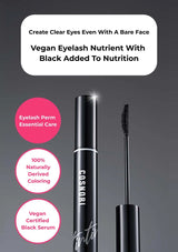 Cosmetically branded eyelash nutrient with black added to nutrition on a gray background