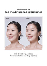 Before and after comparison of a woman's face with text highlighting product benefits.