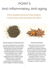 Text about anti-inflammatory and anti-aging properties of plant-based extracts with images of Salvia Hispanica Seed Extract and Anise Fruit Extract.