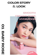 Advertisement for a cosmetic product with a woman and text about color story, look, and hydration.