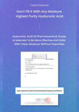 Advertisement for highest purity hyaluronic acid on a blue background with text and a certificate image.