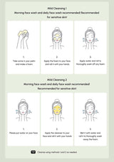 Step-by-step guide for mild face cleansing on a light green background