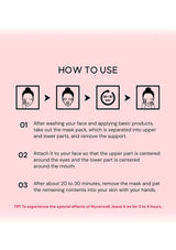 Instructions on how to use a face mask with icons and text on a pink background
