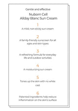 Text description of Nuborn Cell Allday Blanc Sun Cream features on a white background