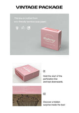 Pink packaging box with 'Balmy' branding on a gray background, featuring text about eco-friendly materials and instructions.