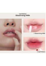 Before and after comparison of lips with 'Lip Potion' and 'Steaming Milk'.