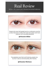 Product review card with customer testimonials about eyelash extensions or perms.