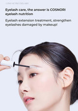 Person applying COSNORI eyelash nutrition to their eyelashes with text about eyelash care.