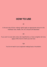 Instructions on how to use a makeup product with text on a pink background