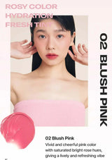 Product advertisement for blush pink color with a model and text on a light background
